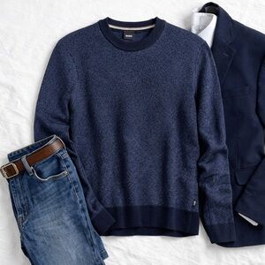 BOSS 100% Virgin Wool Blue Knit Sweater Men Large Crew Neck Minimalist Pullover